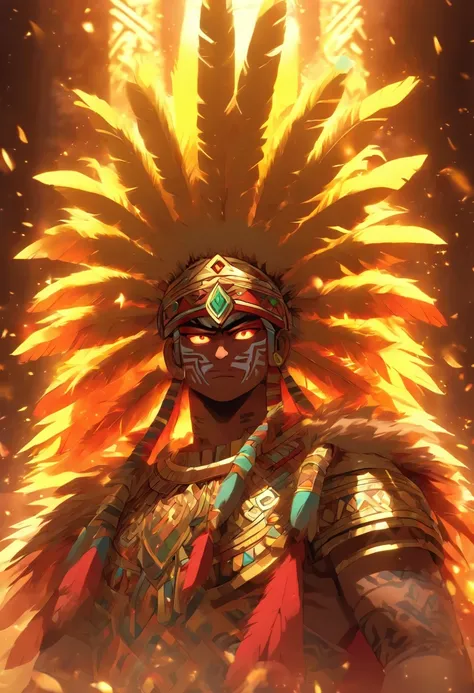 (((God)) best quality, very high resolution, 4K detailed CG, masterpiece, Aztec mythology,god of gold,Tōnatiuh,red skin,yellow feathers,Mexico, standing pose, Aztec clothing, Aztec city,( (yellow feathers), aesthetics, beautiful image, centered on screen, ...