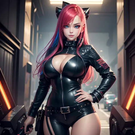 girl with、leather jackets，a smile、huge tit，leather pant，超A high resolution，Long，multicolored hair，cyberpunked，Bodysuits，blue eyess，Beautuful Women，Excellent style，Perfect facial features，​masterpiece，super-detaild skin，hyperdetailed face，