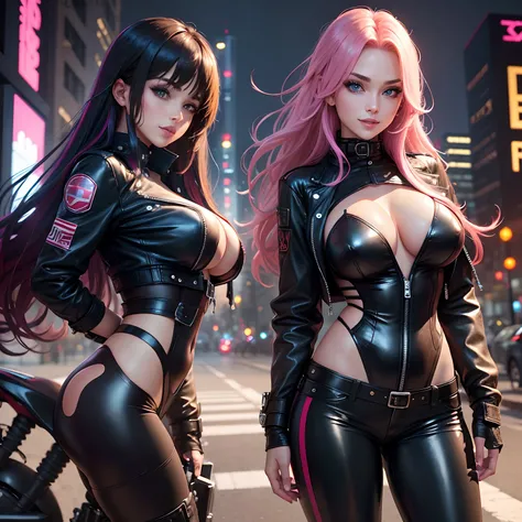 girl with、leather jackets，a smile、huge tit，leather pant，超A high resolution，Long，multicolored hair，cyberpunked，Bodysuits，blue eyess，Beautuful Women，Excellent style，Perfect facial features，​masterpiece，super-detaild skin，hyperdetailed face，