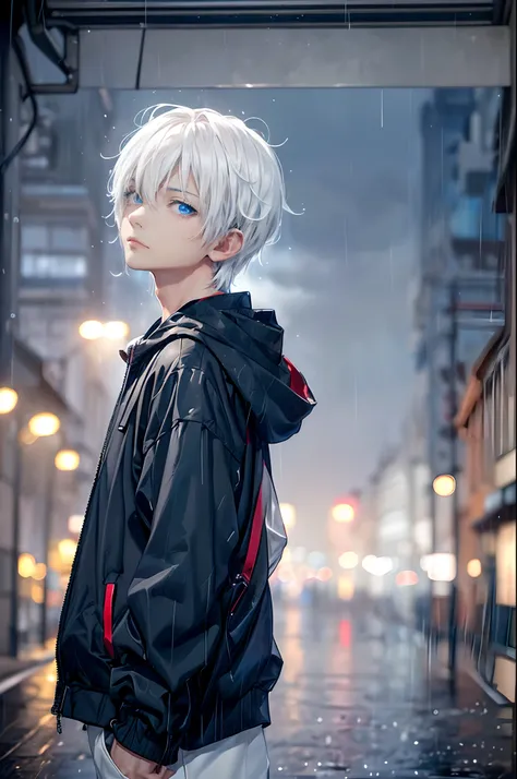 ((4K works))、​masterpiece、(top-quality)、One beautiful boy、Slim body、tall、((Black Y-shirt and white pants、Charming street style))、Please wear one jacket、Wearing a hood to hide his face、(Detailed beautiful eyes)、Morning City、((Rainy city))、Fashionable city w...