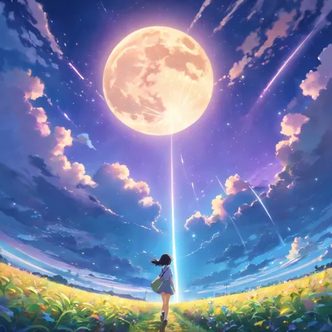 By Shinkai Makoto, Vast landscape photos , (View from below，Displays the sky above and clear below), a girl standing on flower field looking up, (fullmoon:1.2), ( meteors:0.9), (Starcloud:1.3), Far Mountain, Tree Break Production Art, (Warm light source:1....