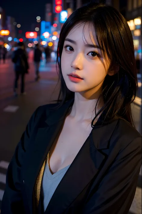 1girl, Tokyo street,night, cityscape,city lights, upper body,close-up, 8k, RAW photo, best quality, masterpiece,realistic, photo-realistic,