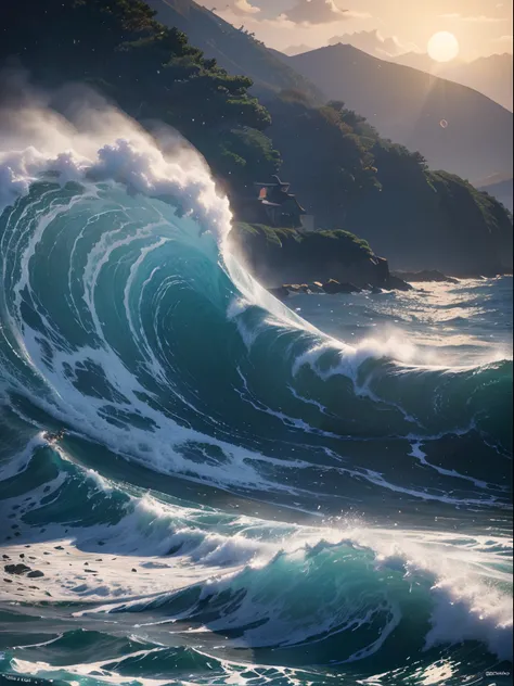 Big waves,(Illustration: 1.0), epic composition, Katsushika Hokusai-kaze, high definition detail, masutepiece, Best Quality, (extremely detailed CG unified 8k wallpaper), 15 kabuki actors