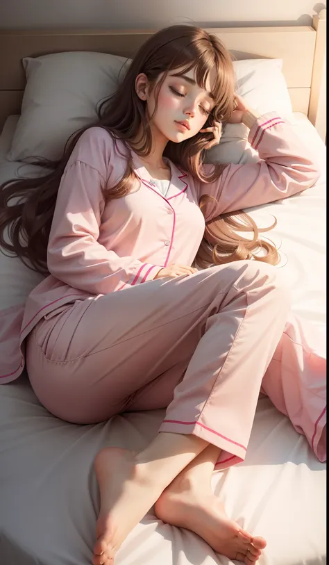 Sleeping girl, 22 years old, realistic, she is wearing long pants, she is wearing pink pajama, brown hair.