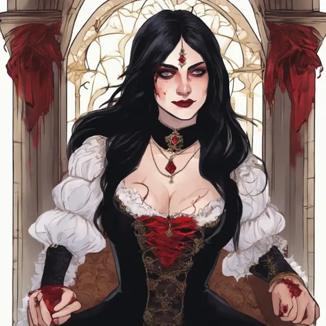 ((illustration of a female version of Strahd Von Zarovich in sexy gothic noble outfit sitting on a throne holding a glass wine goblet filled with blood)), royal noble outfit, ((vampire)), has teeth fangs, long black hair, portrait, 8k resolution, masterpie...