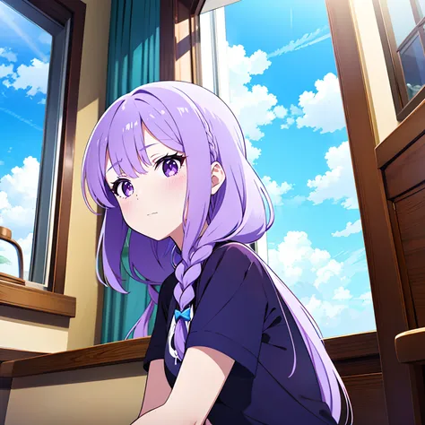 Purple colored hair，long whitr hair，Purple eyes，Twist braids，adolable，teens girl，short- sleeved，frontal photos，Fingers and arms are not exposed，Background window，Blue sky and white clouds，