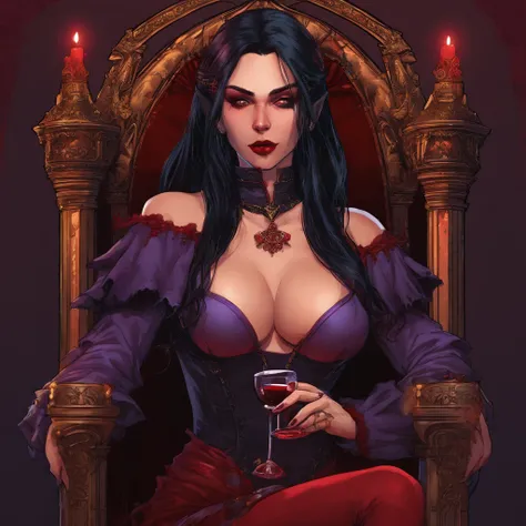 ((illustration of a female version of Strahd Von Zarovich in sexy gothic noble outfit sitting on a throne holding a glass wine goblet filled with blood)), royal noble outfit, ((vampire)), has teeth fangs, long black hair, portrait, 8k resolution, masterpie...