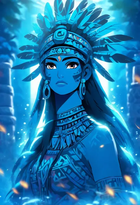 (((Aztec Goddess))) best quality, very high resolution, 4K detailed CG, masterpiece, Aztec mythology, water goddess, Chalchiuhtlicue, blue feathers, Mexico, standing pose, Aztec clothing, Aztec city, (( blue feathers)) , aesthetic, beautiful image, centere...