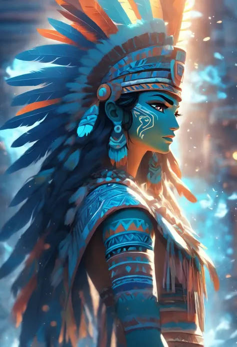 (((Aztec Goddess))) best quality, very high resolution, 4K detailed CG, masterpiece, Aztec mythology, water goddess, Chalchiuhtlicue, blue feathers, Mexico, Aztec clothing, Aztec city, ((standing pose) ), aesthetic, beautiful image, centered on screen, sta...