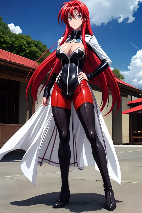 Rias Gremory wearing Power Girl Costume, Disfraz de Power Girl, superhombre, Superchica, rias gremory, Traje blanco, Capa roja, botas rojas, hermoso cuerpo