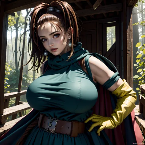 (masterpiece, Best Quality, 32 HDR, High resolution), (1womanl:1.5, Solo:1.5), (dq6 barbara, High Ponytail, Dress, Cape, yellow gloves,Belt bag, Jewelry, earrings), (huge tits:1.3, huge boobs:1.3, huge breasts:1.3), Highly detailed, (Fighting Pose:1.2, in ...