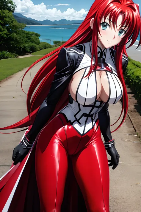 Rias Gremory wearing Power Girl Costume, Disfraz de Power Girl, superhombre, Superchica, rias gremory, Traje blanco, Capa roja, botas rojas, hermoso cuerpo, escote, capa ondeando, sonriendo, muslos,