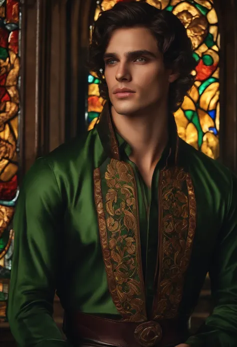 1man, green top, dark brown hair, stained glass, brilliant colors, masterpiece, best quality, detailed eyes, detailed lips, detailed clothes, (black eyes: 1.2), very realistic face, sexy spread lap