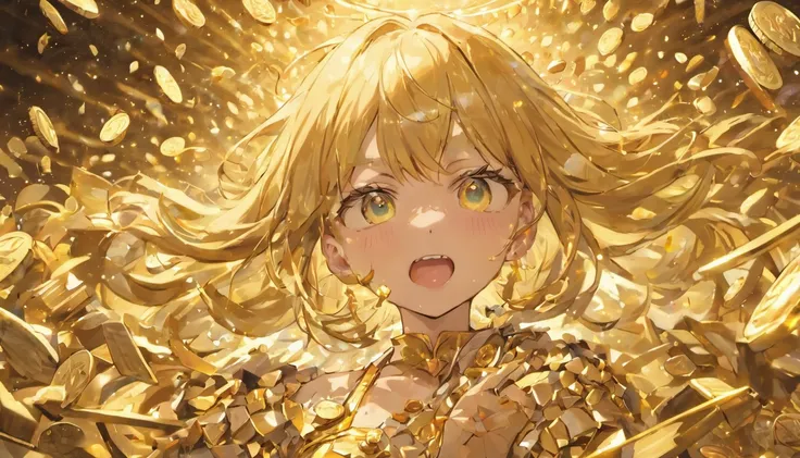 Art Photo, a photograph of a crying young woman plastered with dollar gold coins, overhead shot, dazzling sunlight, intricate, flashy, translucent, medium scene, grotesque art style, extremely creative, simple and mysterious, high quality, 8k