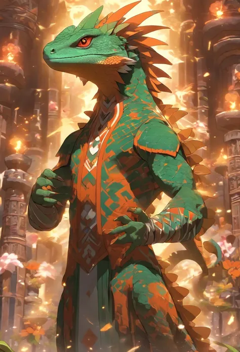 (((Lizard God))) best quality, very high resolution, 4K detailed CG, master piece, Aztec mythology, Salamander God, Xolotl, Mexico, Aztec clothing, Aztec city, ((standing pose)), aesthetic, Beautiful image, centered on screen, standing pose