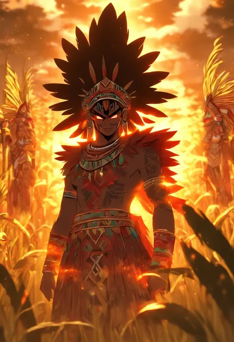 best quality, very high resolution, 4K detailed CG, master piece, Aztec mythology, Centeotl,cornfield, cornfield,Mexico, Aztec clothing, Aztec city, ((standing pose) ), aesthetic, Beautiful image, centered on screen, standing pose