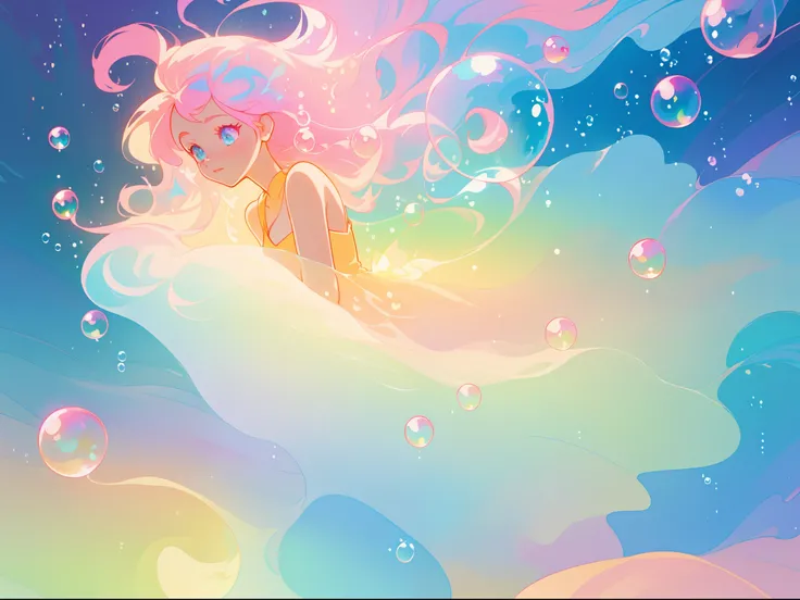 beautiful anime girl in colorful liquid dress, vibrant pastel colors, flowing long pink peach hair, beautiful white layered ballgown, (colorful), magical lights, sparkling lines of light, inspired by Glen Keane, inspired by Lois van Baarle, disney art styl...