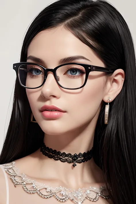 black hair, eyeglasses, stud earrings, vintage, Feminine, 8K, Masterpiece, Best Quality, great details) , (high saturation, best shadows, best light, Extremely delicate whitening) Dark Style