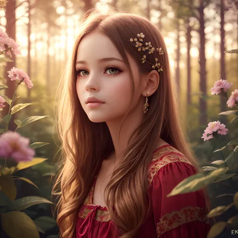 6-year-old girl in red dress, Standing in a forest with flowers in the background, Embodies innocence and wonder in her expression, Basking in the warm golden sunshine, A dreamy and imaginative atmosphere created by soft pastel colors and slightly blurry e...