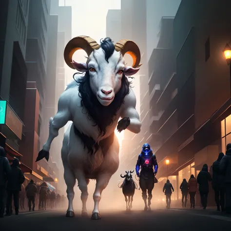 Goat demon Enhanced dynamic perspective，Evil alien creature invasion, with goat face，Hold the keyboard，Come to me，Future sci-fi city street，Street photography，Bright colors，dream magical，optic，high qulity，super-fine，Detailed pubic hair，Accurate，Cinematic l...