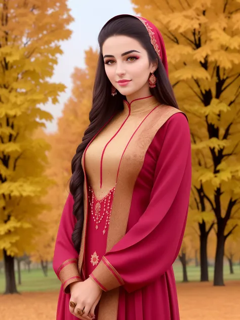 A very beautiful girl and a dreamy face with long hair and very beautiful clothes. In the autumn season, in Masoleh, Iran.