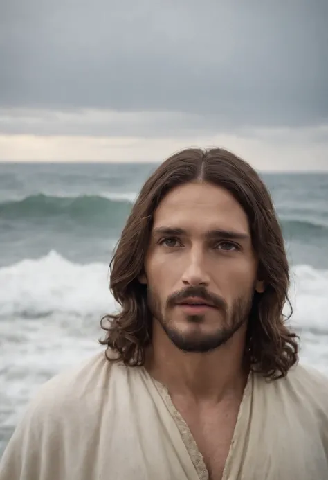 Jesus Cristo andando sobre um imenso mar, The waves are choppy, The sea is raging, mas Jesus segue andando sobre o mar, Wide and panoramic image