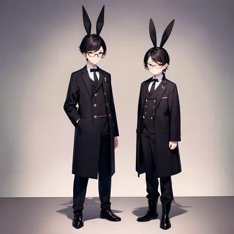 10 generations　Male child　twinks　A dark-haired　shorth hair　eye glass　　A dark-haired　eye glass　piercings　vests　Duffel coat　Japan school uniform　Wearing clothes　Long pants　　cute  face　Both have rabbit ears　Black work boots　1 persons　Full body illustration　ty...