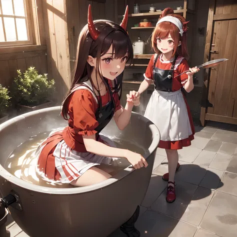 style of anime，Kitchen scene，There is an iron drum bath in the center，There is a small stool next to the iron bucket bath, which is as high as the iron bucket bath，Iron drum bath(hot water，Diced vegetables，Diced onions，Write blocks of carrots)，((1girll:bru...