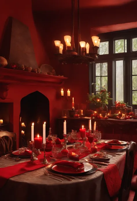 Little Red Riding Hood, fireplace, Dining table, Blood steak, candles, red wine