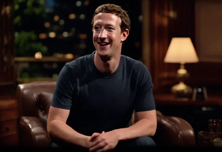 Close up of Mark Zuckerberg in a casual interview on a late night show from the 1970s 1980s, recording on VHS, bad quality youtube video