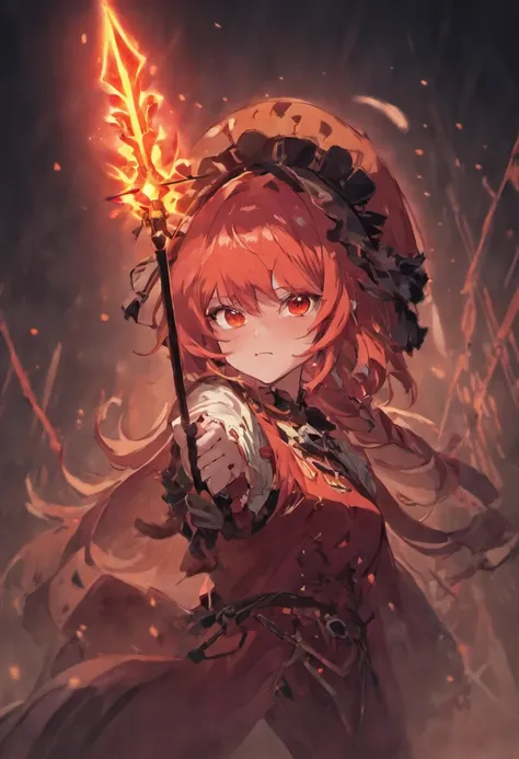 Make a female anime character Halloween hat with red glowing spear, red hair, red eyes with clock on her eyes.And her left hand has small glowing red knife with bliod dripping on it with yandere expression