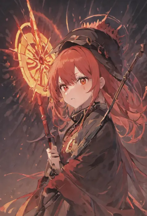 Make a female anime character Halloween hat with red glowing spear, red hair, red eyes with clock on her eyes.And her left hand has small glowing red knife with bliod dripping on it with yandere expression