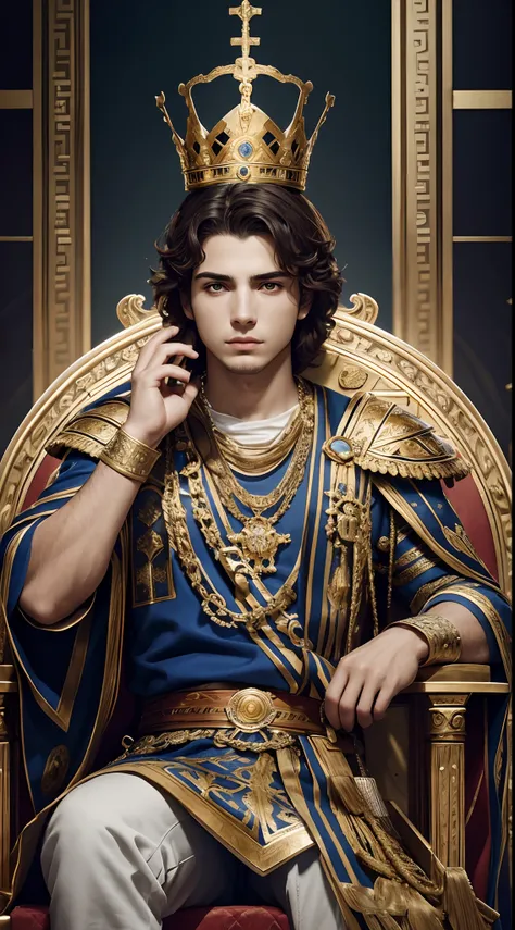 The young greek king sitting on the throne of the royal palace，（splendid，Epic composition），Be intimidating，ornate armour，A palatial crown，vague background，natural  lightting，Highly detailed 8K