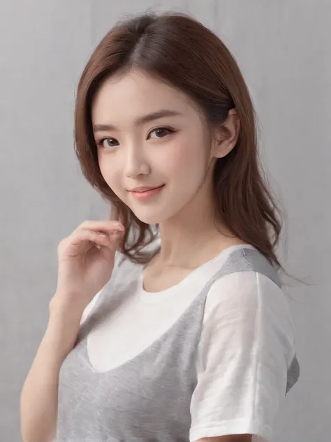 (Photo: 1.3) in the (Realistic: 1.3), Women in Japan, a beautiful detailed girl、Beautiful fine eyes、a smile、Soft light, Clear face, (front), ((White T-shirt)), Cheerful, Warm light, ((Gray-white gradient background)), (Background)) 、avatar,(shinny hair),Be...