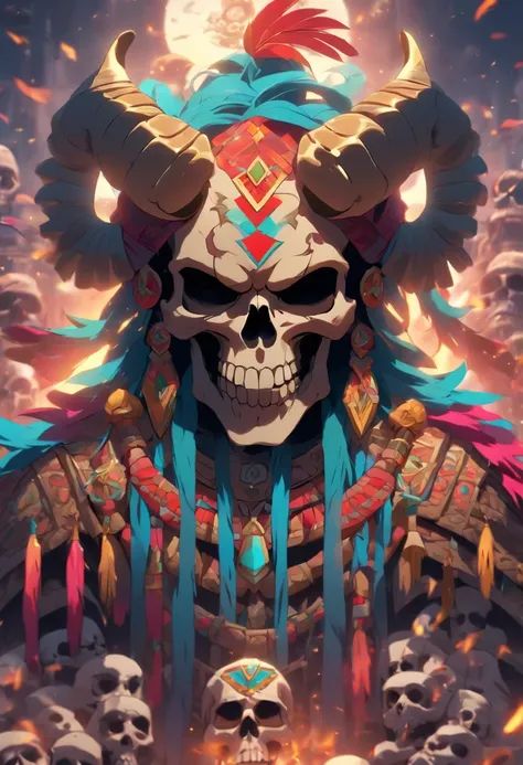 (((Skull God))) best quality, very high resolution, 4K detailed CG, masterpiece, Mayan mythology, god of death, Cizin, colorful feathers, Mexico, standing pose, Mayan clothing, Mayan city, (( WITH HORNS)) , aesthetics, beautiful image, centered on the scre...