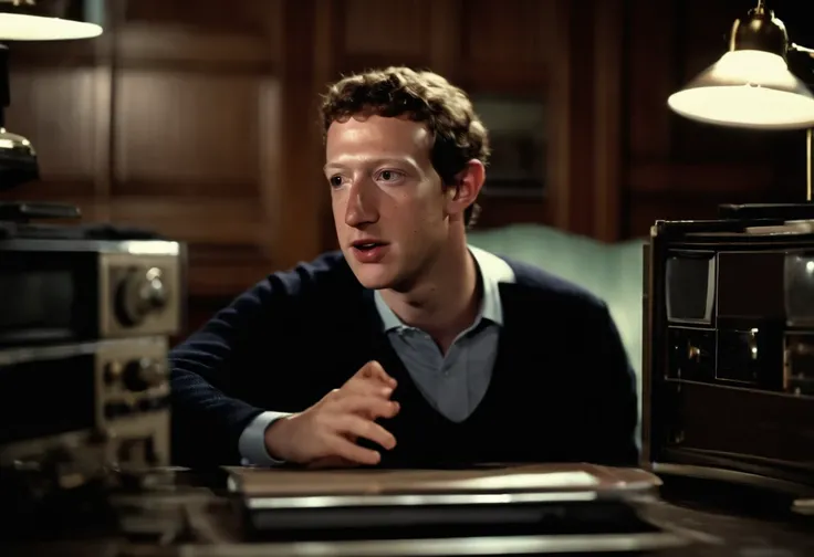 Mark Zuckerberg from the ARG Mandela Catalogue creepypasta, center of screen, staring at camera, in a late night show from the 1970s, recording on VHS, bad quality youtube video