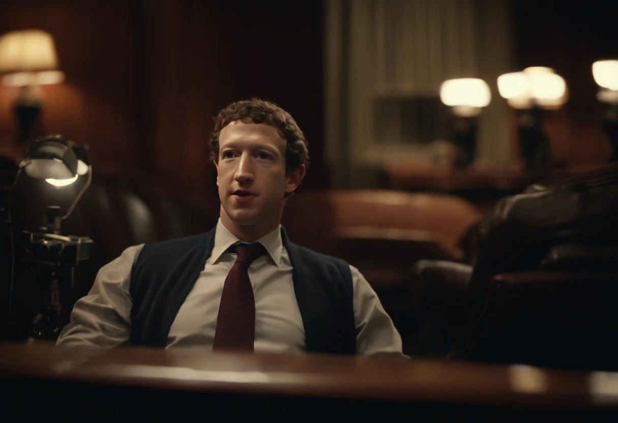 Mark Zuckerberg from the ARG Mandela Catalogue creepypasta, center of screen, staring at camera, in a late night show from the 1970s, recording on VHS, bad quality youtube video