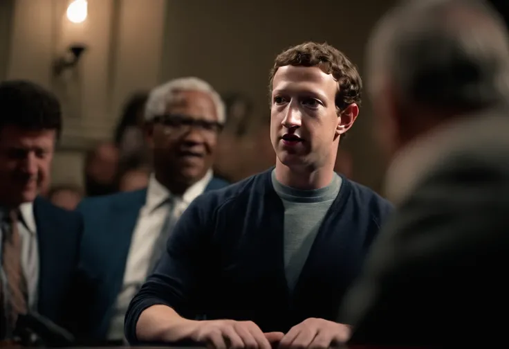 Mark Zuckerberg from the ARG Mandela Catalogue creepypasta, center of screen, staring at camera, in a late night show from the 1970s, recording on VHS, bad quality youtube video