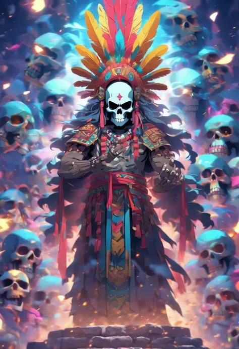 (((Skull God))) best quality, very high resolution, 4K detailed CG, masterpiece, Mayan mythology, god of death, Cizin, colorful feathers, Mexico, standing pose, Mayan clothing, Mayan city, aesthetics, beautiful image, centered on the screen, standing pose