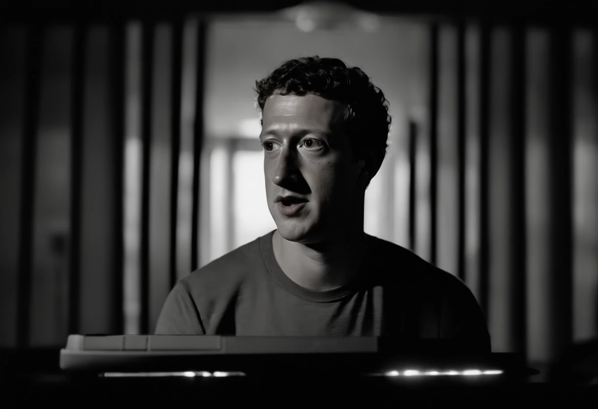 Mark Zuckerberg turns into a shadow demon with large eyes and large black pupils from the ARG Mandela Catalogue creepypasta series, center of screen, staring at camera, recording on VHS, bad quality youtube video