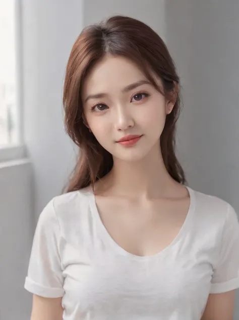 (Photo: 1.3) in the (Realistic: 1.3), Women in Japan, a beautiful detailed girl、Beautiful fine eyes、a smile、Soft light, Clear face, (front), ((White T-shirt)), Cheerful, Warm light, ((Gray-white gradient background)), (Background)) 、avatar,(shinny hair),Be...