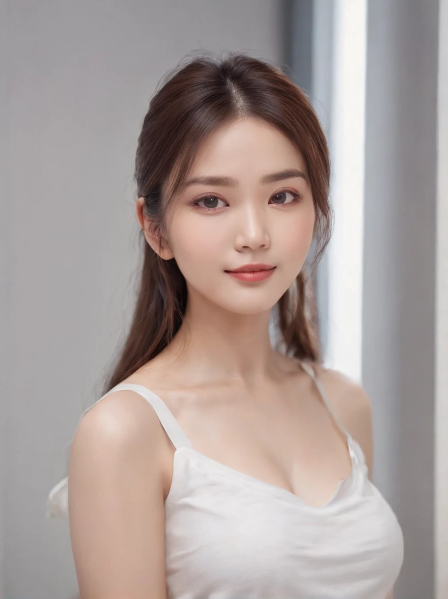 (Photo: 1.3) in the (Realistic: 1.3), Women in Japan, a beautiful detailed girl、Beautiful fine eyes、a smile、Soft light, Clear face, (front), ((White T-shirt)), Cheerful, Warm light, ((Gray-white gradient background)), (Background)) 、avatar,(shinny hair),Be...