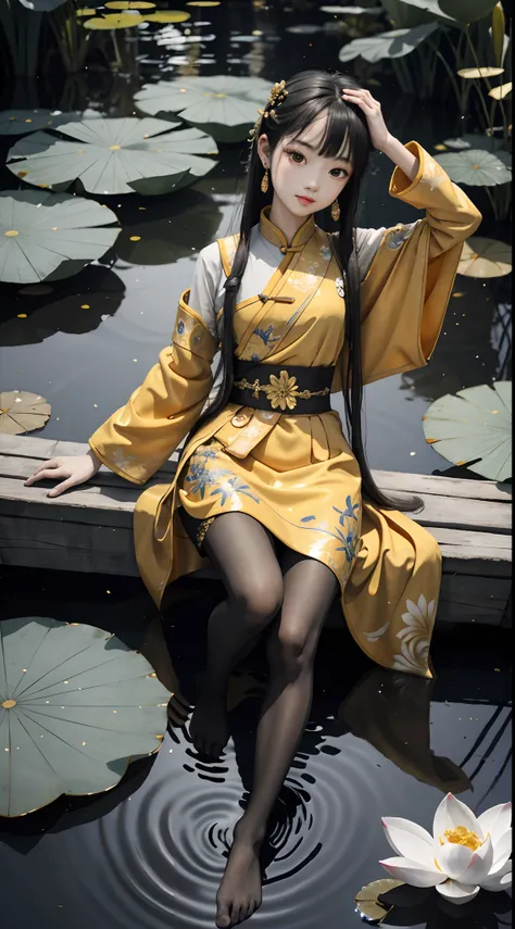 hoang lap，8K high resolution，ultra - detailed，（1girll：1.3），handpainted，Simple lines，16-year-old girl wearing golden Chinese clothes and black pantyhose，beuaty girl，In the lotus pond，tmasterpiece，Sit on a plank floating in the water，Floating hair，looking to...