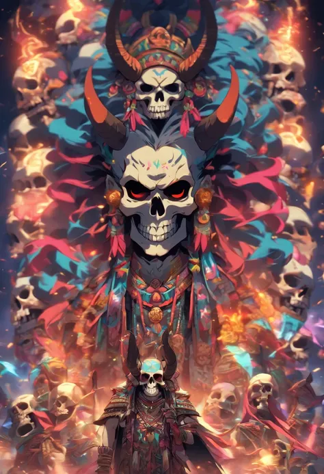 (((Skull God))) best quality, very high resolution, 4K detailed CG, masterpiece, Mayan mythology, god of death, Cizin, colorful feathers, Mexico, standing pose, Mayan clothing, Mayan city, (( WITH HORNS)) , aesthetics, beautiful image, centered on the scre...