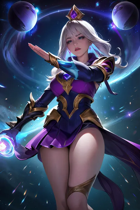 (League of Legends:1.5),Astrid, the Graviton Slinger, is depicted in her splashart as a powerful and enigmatic force, wielding her gravitational manipulation abilities with mastery. The scene takes place in a celestial realm, where stars and cosmic energy ...