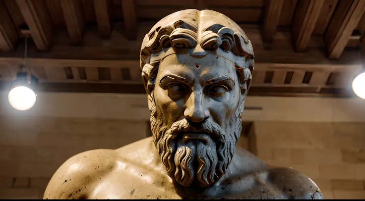 Ancient Greek statue with angry expression, tem barba, Filmado em Sony A7S III com Sony FE 35mm f/1.8, 12.1 MP, --AR 3:2 --estilo cru