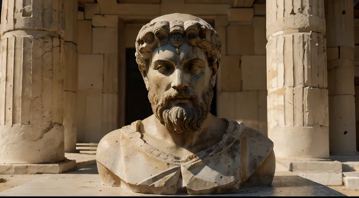 Ancient Greek statue with angry expression, tem barba, muitos detalhes em ambos os olhos, Outside, com rosto extremamente detalhado full body view, Colors with low saturation with dark tone, Filmado em Sony A7S III com Sony FE 35mm f/1.8, 12.1 MP, --AR 3:2...