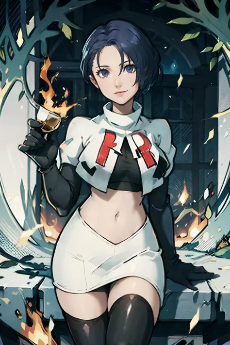 shamir nevrand (fire emblem: three houses), 1girl,team rocket,team rocket uniform,white skirt,crop top,black thigh-highs,black e...