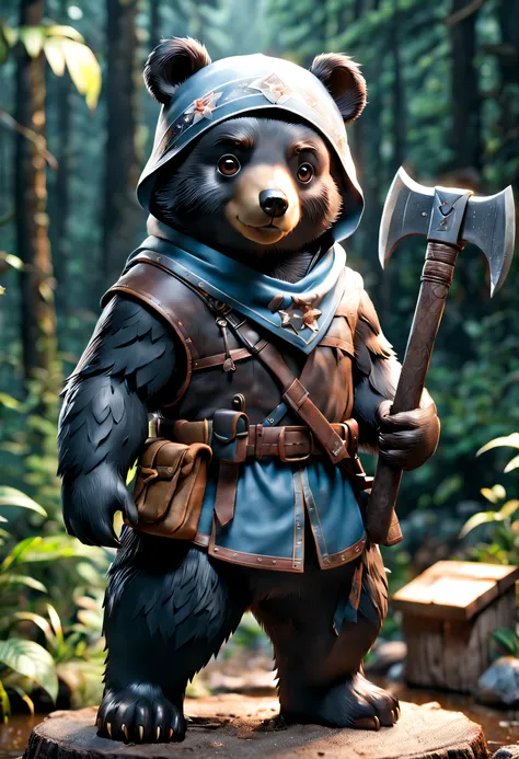 full body Esbian、Cool black bear、Pop black bear、diorama、symple background、White background、bandana、holding an ax in your hand、​masterpiece, Best Quality, Capture super cute moments, depth of fields, ultra-detailliert, Ultra High Resolution, Octadale, 8K, 1...