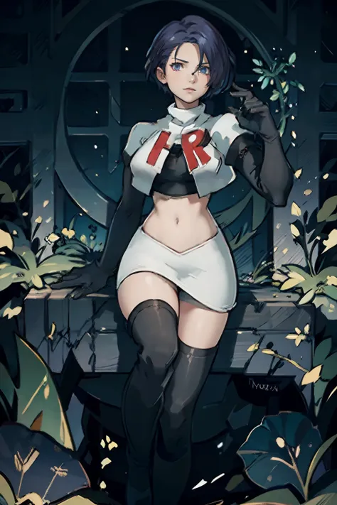 shamir nevrand (fire emblem: three houses), 1girl,team rocket,team rocket uniform,white skirt,crop top,black thigh-highs,black e...